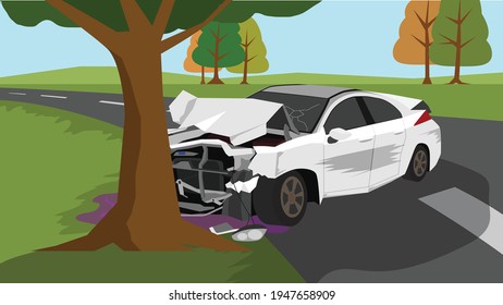 White car accident fell off the road and hit a large tree. Environment is open field and trees grow distant. Along with the mountain scenery in the distance.