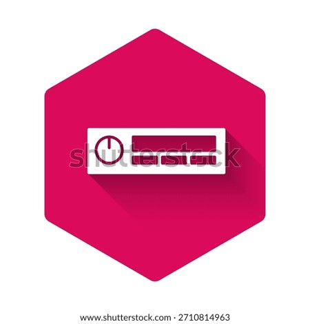 White Car Audio icon isolated with long shadow. Fm radio car audio icon. Pink hexagon button. Vector