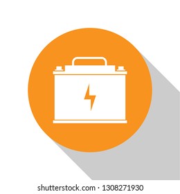 White Car battery icon isolated on white background. Accumulator battery energy power and electricity accumulator battery. Lightning bolt symbol. Orange circle button. Flat design. Vector Illustration
