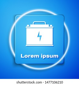 White Car battery icon isolated on blue background. Accumulator battery energy power and electricity accumulator battery. Lightning bolt. Blue square button. Vector Illustration