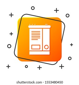 White Car battery icon isolated on white background. Accumulator battery energy power and electricity accumulator battery. Orange square button. Vector Illustration