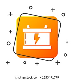 White Car battery icon isolated on white background. Accumulator battery energy power and electricity accumulator battery. Lightning bolt. Orange square button. Vector Illustration