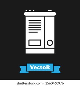 White Car battery icon isolated on black background. Accumulator battery energy power and electricity accumulator battery.  Vector Illustration