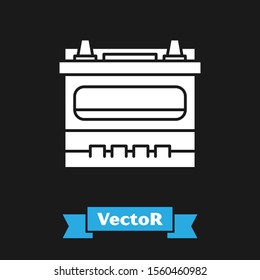 White Car battery icon isolated on black background. Accumulator battery energy power and electricity accumulator battery.  Vector Illustration