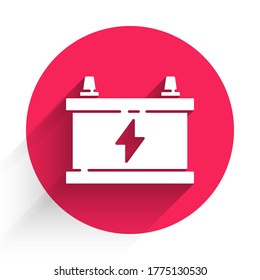 White Car battery icon isolated with long shadow. Accumulator battery energy power and electricity accumulator battery. Red circle button. Vector Illustration