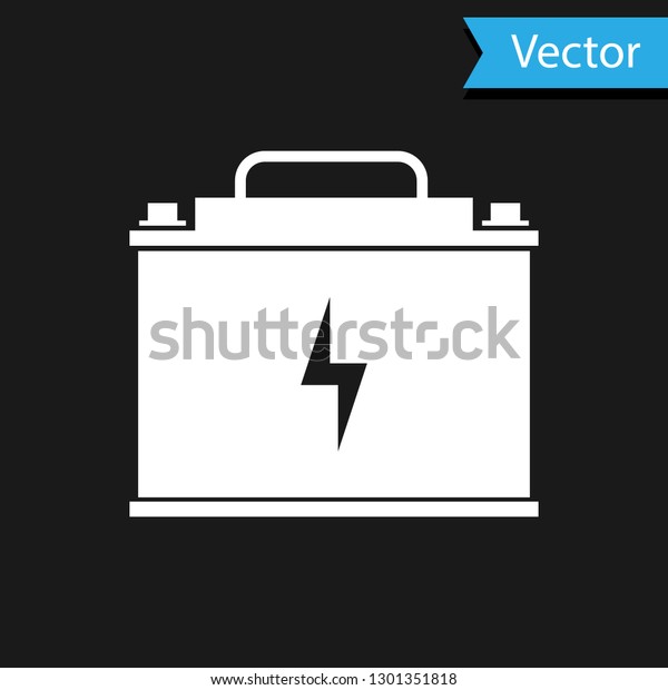 White Car battery icon\
isolated on black background. Accumulator battery energy power and\
electricity accumulator battery. Lightning bolt symbol. Vector\
Illustration