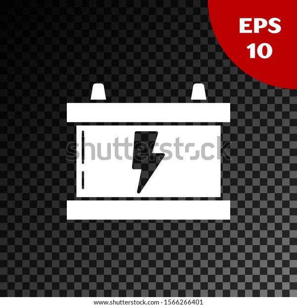 White Car\
battery icon isolated on transparent dark background. Accumulator\
battery energy power and electricity accumulator battery. Lightning\
bolt.  Vector\
Illustration