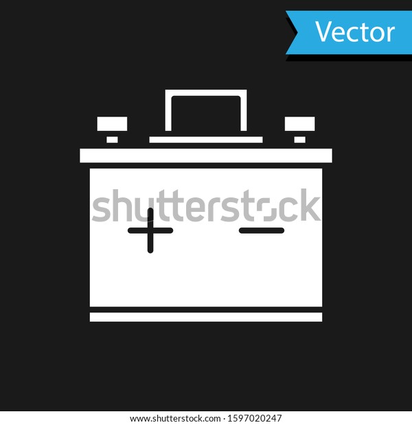 White Car battery icon isolated on black\
background. Accumulator battery energy power and electricity\
accumulator battery.  Vector\
Illustration