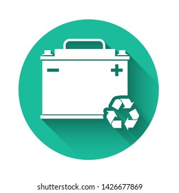 White Car battery with recycle icon isolated with long shadow. Accumulator battery energy power and electricity accumulator battery. Green circle button. Vector Illustration