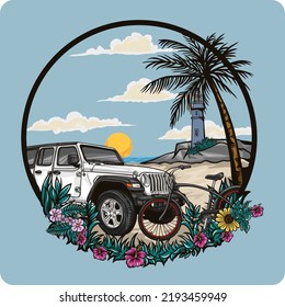 white car and bicycle vector illustration design on a beautiful beach full of flowers