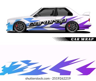 White car with blue and purple graphic design car wrap, perfect for businesses or individuals looking to add a unique touch to their vehicle.