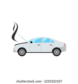 Auto blanco con motor roto o ilustración de dibujos animados. Automóvil, con motor roto y motor en necesidad de reparación. Daños, vehículo, concepto de incendio