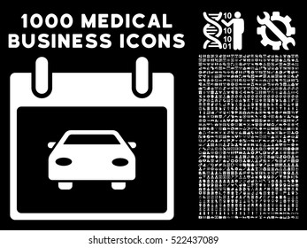 White Car Calendar Day vector icon with 1000 medical business pictograms. Set style is flat symbols, white color, black background.