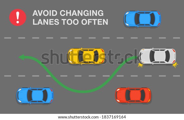 White\
car is changing position on three lane road. Avoid changing lanes\
too often rule. Flat vector illustration\
template.