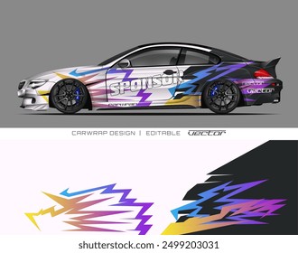 White car with colorful lightning bolt design and sponsor branding, suitable for automotive, racing, sports, and advertising concepts.