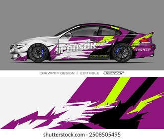 White car with a colorful wrap design suitable for automotive advertising, car customization businesses, and transport action themed projects.