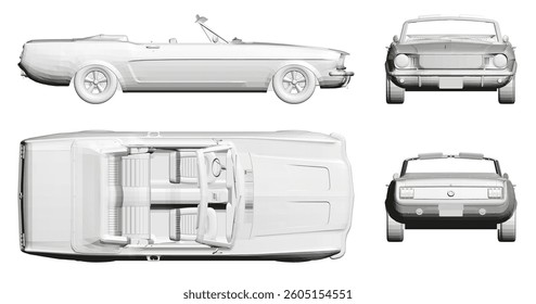 A white car with a convertible top is shown from the side, top and bottom. The car is a classic model and has a sleek design