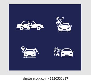 white car detailing icon set on the blue background 