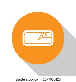 White Car door handle icon isolated on white background. Orange circle button. Vector Illustration