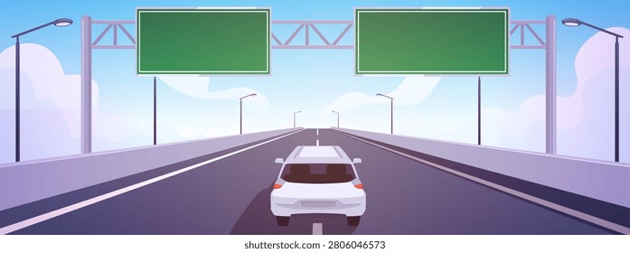 A white car driving on a highway bridge, with empty green billboards above and street poles. Automobile travel, urban infrastructure. Advertising banner. Flat cartoon style. Vector.