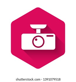 White Car DVR icon isolated with long shadow. Car digital video recorder icon. Pink hexagon button. Vector Illustration