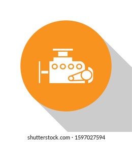 White Car engine icon isolated on white background. Orange circle button. Vector Illustration