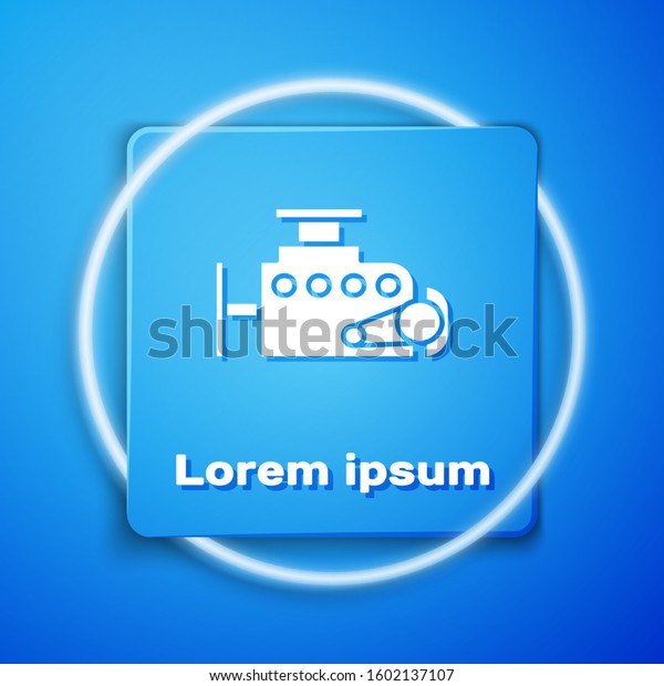 White Car engine icon isolated on\
blue background. Blue square button. Vector\
Illustration