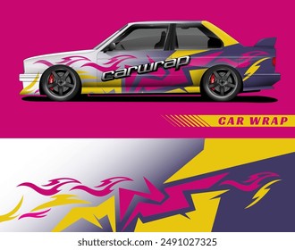 White car featuring a vibrant pink, yellow, purple flame design car wrap. Perfect for automotive advertising or colorful vehicle concepts.