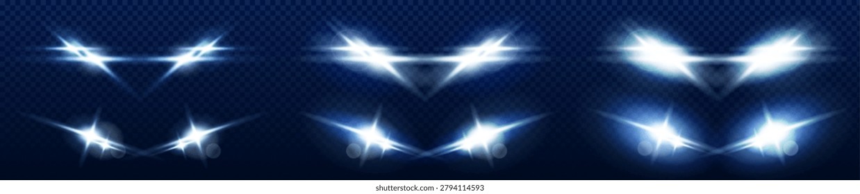 White car front lamps beams, headlight glare with bright led glow, 3d realistic vector illustration isolated on dark transparent background. Light flare effect overlay, night road illumination