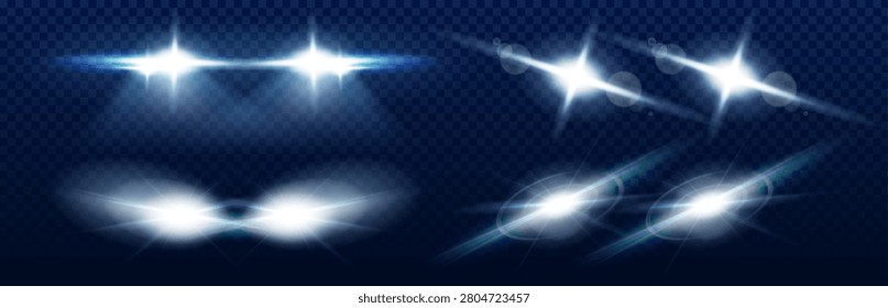 White car front lamps beams, headlight glare with bright led glow, 3d realistic vector illustration isolated on dark transparent background. Light flare effect overlay, night road illumination