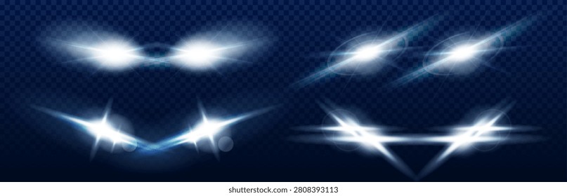White car front lamps beams, headlight glare with bright led glow, 3d realistic vector illustration isolated on dark transparent background. Light flare effect overlay, night road illumination