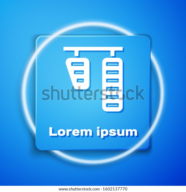 White Car gas and\
brake pedals icon isolated on blue background. Blue square button.\
Vector Illustration