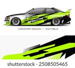 White car with green and black design suitable for sponsorship, editable for adding custom logos, ideal for automotive advertising campaigns.