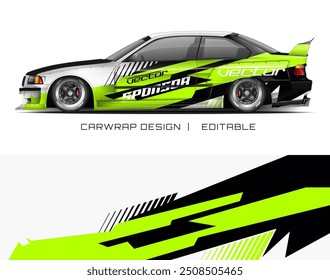 White car with green and black design suitable for sponsorship, editable for adding custom logos, ideal for automotive advertising campaigns.