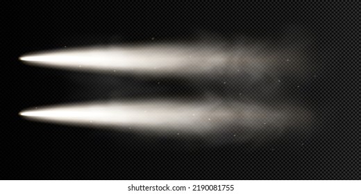 White car headlight beam top view isolated on dark transparent background, smoky or foggy effect. Auto or bus spot lamp flash at night with vapor clouds realistic vector 3d set illustration - Shutterstock ID 2190081755
