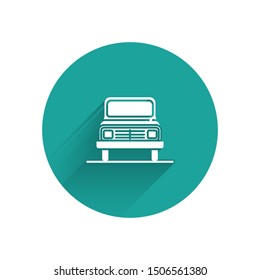 White Car icon isolated with long shadow. Front view. Green circle button. Vector Illustration