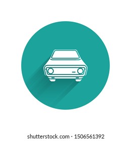 White Car icon isolated with long shadow. Front view. Green circle button. Vector Illustration