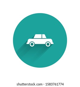 White Car icon isolated with long shadow background. Green circle button. Vector Illustration