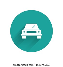 White Car icon isolated with long shadow. Front view. Green circle button. Vector Illustration