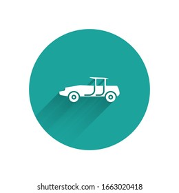 White Car icon isolated with long shadow. Green circle button. Vector Illustration