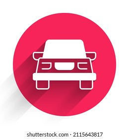 White Car icon isolated with long shadow background. Red circle button. Vector