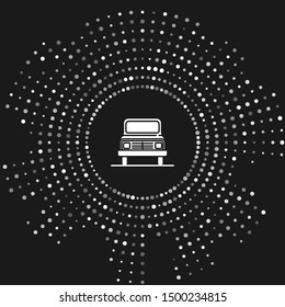 White Car icon isolated on grey background. Front view. Abstract circle random dots. Vector Illustration