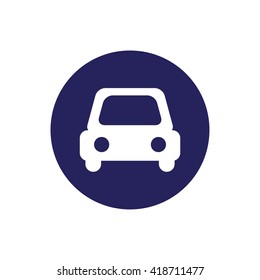 White car icon vector. Blue circle. Blue button
