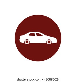 White car icon vector illustration. Red circle. Red button