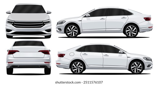 white car illustration graphic in front back and side view