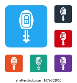 White Car key with remote icon isolated on white background. Car key and alarm system. Set icons in color square buttons. Vector Illustration