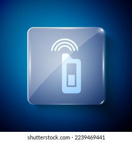 White Car key with remote icon isolated on blue background. Car key and alarm system. Square glass panels. Vector Illustration