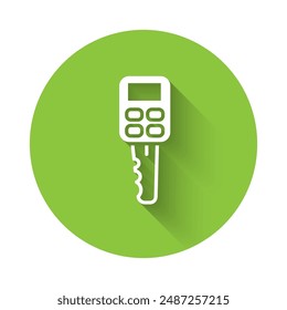 White Car key with remote icon isolated with long shadow. Car key and alarm system. Green circle button. Vector Illustration