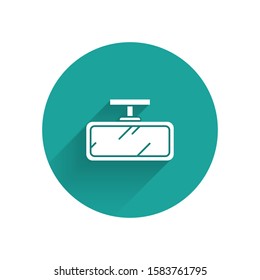 White Car mirror icon isolated with long shadow background. Green circle button. Vector Illustration