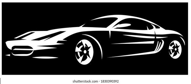 Auto blanco sobre fondo negro. Patrón de diseño. Ilustración monocroma.